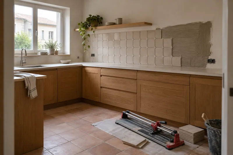 Visualización conceptual IA: Colocación de azulejos con separadores y adhesivo sobre una pared de cocina.