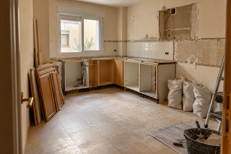 Visualización conceptual IA: Retirada de muebles y revestimientos al comienzo de una reforma de cocina.