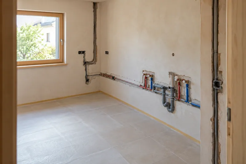 Visualización conceptual IA: Tuberías de suministro y desagüe durante la renovación de una cocina.