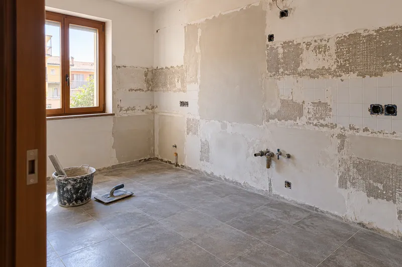 Visualización conceptual IA: Cocina sin muebles con paredes en preparación y zonas de enlucido.
